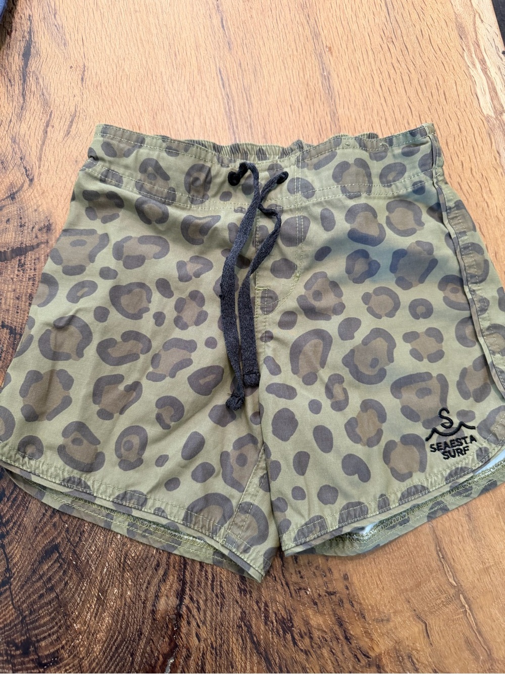 Kids Olive Green with animal print Swim Trunks